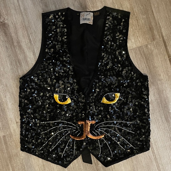 JustFab Jackets & Blazers - Vintage Black Sequin Panther Vest- Silk Beaded Novelty 90s Statement Piece